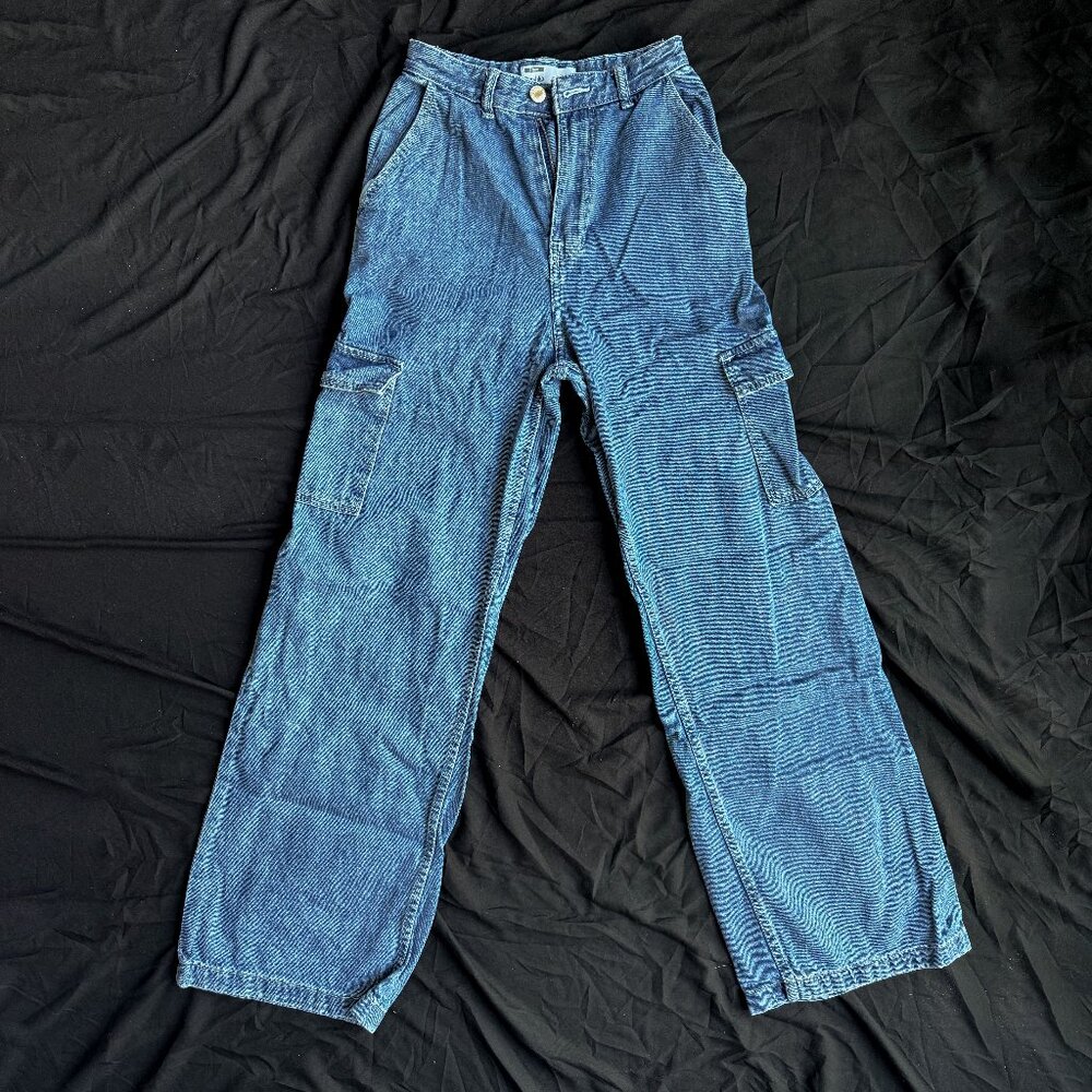 [FREE WITH PURCHASE] Bershka Denim Wide Cargo Pants (Medium Blue)